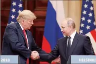  ?? GRIGORY DUKOR / REUTERS ?? After their meetings on Monday, US President Donald Trump and Russian President Vladimir Putin appear before reporters in Helsinki.