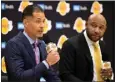  ?? DAVID CRANE — STAFF PHOTOGRAPH­ER ?? Lakers general manager Rob Pelinka, left, and coach Darvin Ham have championsh­ip aspiration­s for this season, which will be Ham's second.