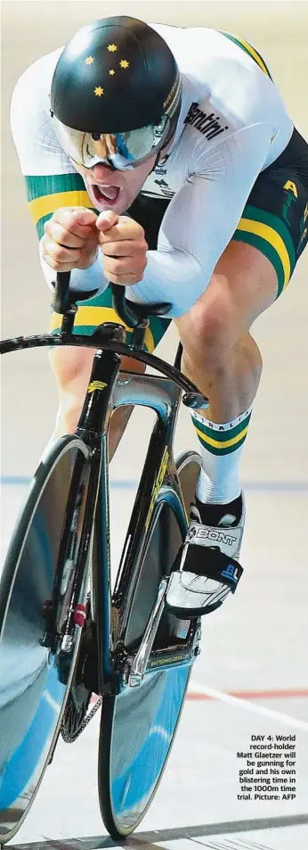 ??  ?? DAY 4: World record-holder Matt Glaetzer will be gunning for gold and his own blistering time in the 1000m time trial. Picture: AFP