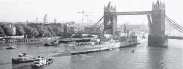  ??  ?? Clockwise from left: HMS Belfast’s launch ceremony in 1938, sailing under Tower Bridge to take up its permanent mooring in the Pool of London, encounteri­ng heavy seas off Iceland in February 1943, and British children, liberated from Japanese...