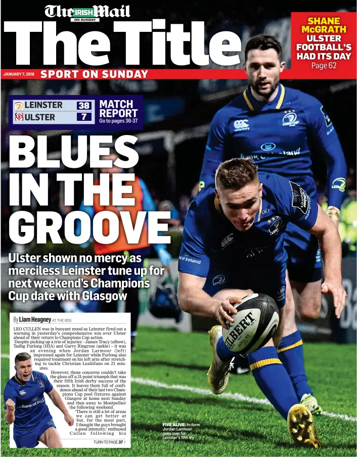  ??  ?? FIVE ALIVE: In-form Jordan Larmour goes over for Leinster’s fifth try