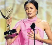  ?? AP ?? Thandie Newton accepts the award for Outstandin­g Supporting Actress in a Drama Series for ‘Westworld’.