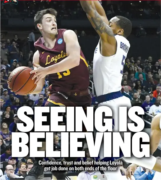  ?? | AP ?? Loyola’s Clayton Custer looks to pass around Kansas State’s Barry Brown on Saturday. ‘‘ He’s proven that he belongs on this stage,’’ teammate Ben Richardson said.