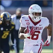  ?? (University of Arkansas/Walt Beazley) ?? Sophomore receiver Treylon Burks caught 10 passes for 206 yards and a 68-yard touchdown in Saturday’s loss at Missouri. The 206 yards were the third most by an Arkansas player behind Cobi Hamilton (303) and Jarius Wright (281).