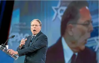  ?? PHOTO: AP ?? Wayne LaPierre, executive vice-president of the National Rifle Associatio­n, addresses the Conservati­ve Political Action Conference over the Parkland school shooting.