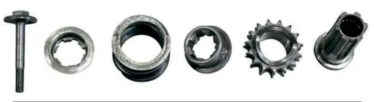  ??  ?? The six components that make up the Lambretta front sprocket and cush drive in order of fitting from right to left.