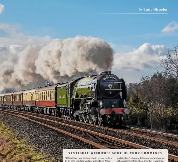  ?? EIKI SEKINE ?? ‘A1’ No. 60163 Tornado hauls the first British Pullman of 2017 past Abinger Hammer, Surrey, on February 4. Unusually for carriages of the steam era, the Pullmans do not have opening vestibule windows.