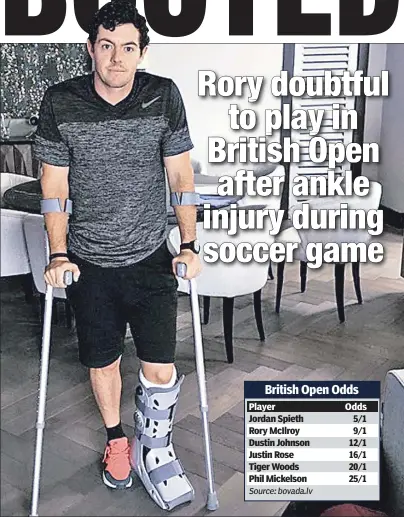  ?? Rory McIlroy via AP ?? OPEN IS CLOSED? Rory McIlroy is on crutches after he ruptured a ligament in his left ankle while playing soccer on Saturday. His status for next week’s British Open is tenuous at best.
