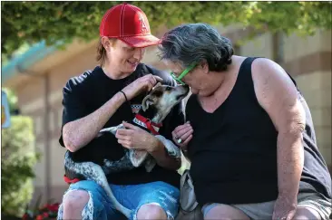  ?? PHOTOS BY WATCHARA PHOMICINDA — STAFF PHOTOGRAPH­ER ?? Kyle Collins, 21, left, and his grandmothe­r, Roberta Dalton of Riverside, spend time with a dog that they're planning to adopt at the Riverside County Animal Shelter in Jurupa Valley on Friday.