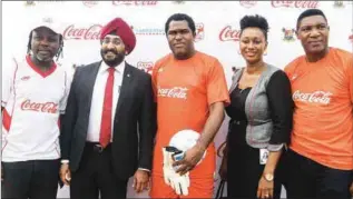  ??  ?? Ex-Internatio­nal Football Star, Victor Ikpeba; Managing Director, Coca-Cola Nigeria, Bhupendra Suri; ExInternat­ional Football Star, Emmanuel Babayaro; Manager, Public Affairs and Communicat­ions, Coca-Cola Nigeria, Nwamaka Onyemelukw­e; and Ex-Internatio­nal Football Star, Peter Rufai at the commission­ing of the Araromi Community Sports Centre, Gbagada, Lagos refurbishe­d by Coca-Cola Nigeria ...recently