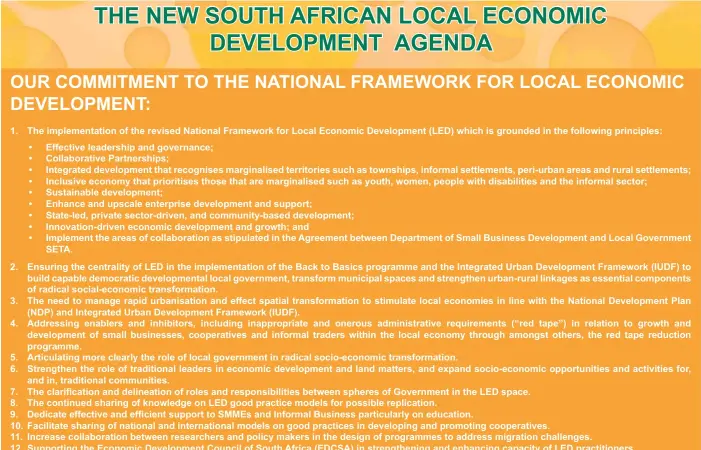  ??  ?? 1. The implementa­tion of the revised National Framework for Local Economic Developmen­t (LED) which is grounded in the following principles: 2. 3. 4.
5.
6.
7.
8.
9.
10.
11.
12.
13.
14.
15.
Effective leadership and governance;
Collaborat­ive...