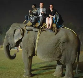  ?? PROGRESSIV­E CONSERVATI­VE PARTY ?? Ontario PC leader Patrick Brown and MPP Lisa MacLeod take an elephant ride in New Delhi.