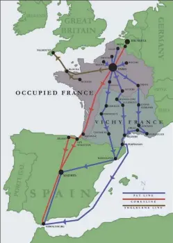 ??  ?? Mapa que muestra varias de las redes de escape que formó la Resistenci­a durante la II Guerra Mundial. La Red Comète atravesaba Bruselas, la Francia ocupada, los Pirineos, luego el País Vasco y finalmente llegaba hasta Gibraltar. (Créditos: The Last Passage).