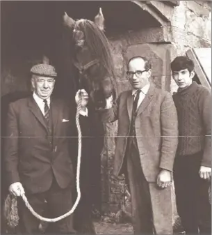  ??  ?? Left: Frank W Roger, his son Jack, now at Belliston, Colinsburg­h, and grandson Frank with the last working horse at Kenly Green.