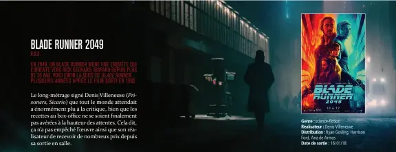  ??  ?? Genre : science-fiction Réalisateu­r : Denis Villeneuve Distributi­on : Ryan Gosling, Harrison Ford, Ana de Armas Date de sortie : 16/01/18