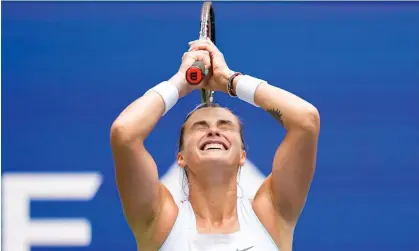  ?? Photograph: Ray Acevedo/EPA ?? Aryna Sabalenka celebrates her quarter-final win over Karolina Pliskova.