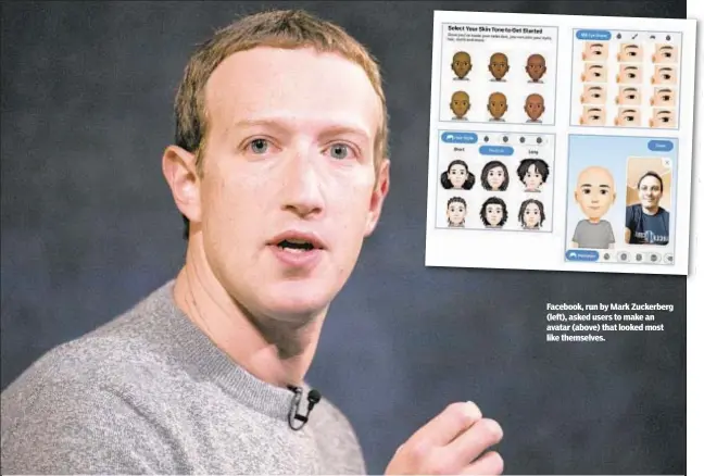  ?? ?? Facebook, run by Mark Zuckerberg (left), asked users to make an avatar (above) that looked most like themselves.