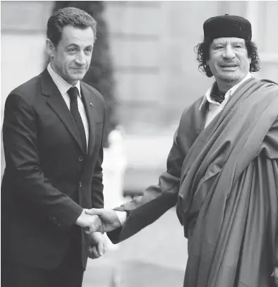  ?? FRANCOIS MORI / THE ASSOCIATED PRESS FILES ?? Former French president Nicolas Sarkozy, left, was placed in custody on Tuesday as part of an investigat­ion that he received millions of euros in illegal financing from the regime of the late Libyan leader Moammar Gadhafi, right.