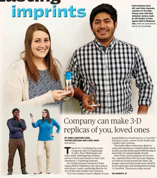  ?? [PHOTO BY JACOB DERICHSWEI­LER, THE OKLAHOMAN] ?? Nuria Martinez-Keel, left, and Victor Quezada, reporters at The Oklahoman, pose with their miniature statues made by 360 Studios at Penn Square Mall in Oklahoma City.