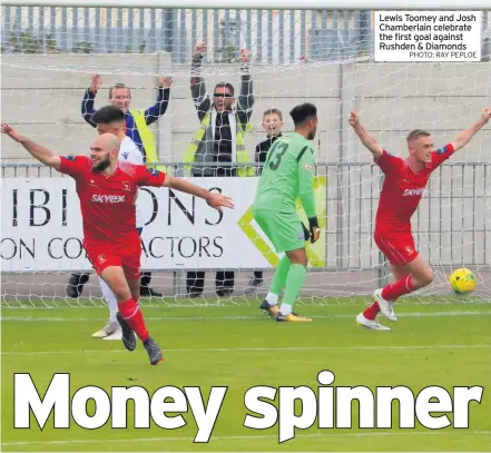  ?? PHOTO: RAY PEPLOE ?? Lewis Toomey and Josh Chamberlai­n celebrate the first goal against Rushden &amp; Diamonds