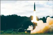  ?? AP/South Korea Defense Ministry ?? South Korea’s Hyunmoo II ballistic missile is fired early today during an exercise at an undisclose­d location in South Korea.