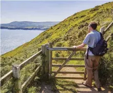  ??  ?? Needle Rock is a popular spot with razorbills, guillemots, fulmars and shags ABOVE RIGHT The author looks back at the Pembrokesh­ire coastline BELOW RIGHT The road into Pwllgwaelo­d Cove