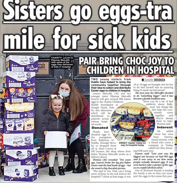  ?? ?? CHARITY: Lauren & Ellamay Metcalfe with some of the eggs they delivered to kids in hospital
SWEET: Easter treats on way to hospital today