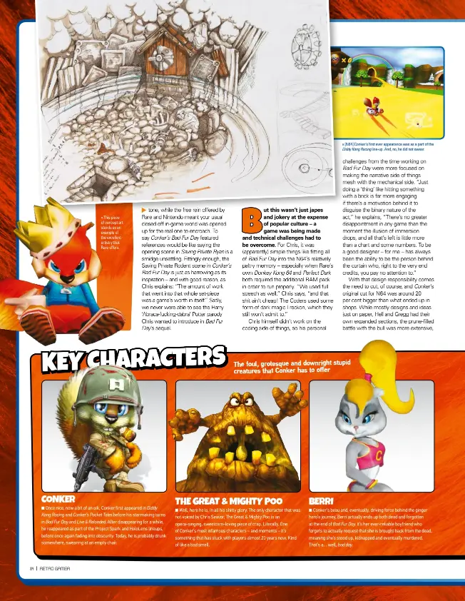  ??  ?? » This piece of concept art stands as an example of the excellent artistry that Rare offers. » [N64] Conker’s first ever appearance was as a part of the Diddy Kong Racing line-up. And, no, he did not swear.