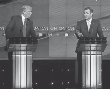  ?? WILFREDO LEE, AP ?? Texas Sen. Ted Cruz and Donald Trump take part in a GOP presidenti­al debate in Coral Gables, Fla., in March. The Texas senator speaks Wednesday night at the GOP National Convention.