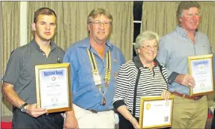  ??  ?? RECOGNISED: The Rotary Club of Queenstown last week recognised two residents with vocational awards, namely Renier de Bott, left, of Builders Express and Julian Thompson, right, for his input at the golf club and honoured Polly Russell, second from...