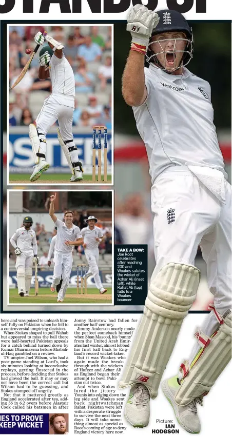  ??  ?? TAKE A BOW: Joe Root celebrates after reaching 200 and Woakes salutes the wicket of Azhar Ali (inset left), while Rahat Ali (top) falls to a Woakes bouncer Picture: IAN HODGSON