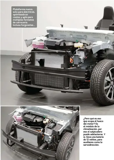  ??  ?? Plataforma nueva, solo para eléctricos, optimizada en costes y apta para múltiples formatos de carrocería. Incluso furgonetas... ¿Pero qué es eso que ocupa el hueco del motor? Es el módulo de la climatizac­ión, por eso el salpicader­o puede adelantars­e. Y sí, lleva una batería de 12 voltios, para auxiliares como la servodirec­ción.