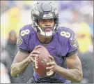  ?? Rob Carr / Getty Images ?? Lamar Jackson will be the youngest QB ever to start in the playoffs at 21. Baltimore is 6-1 with him as a starter.