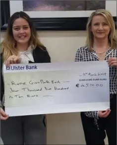  ??  ?? Cassandra Pinto presents the cheque to Grace McArdle, RCNE