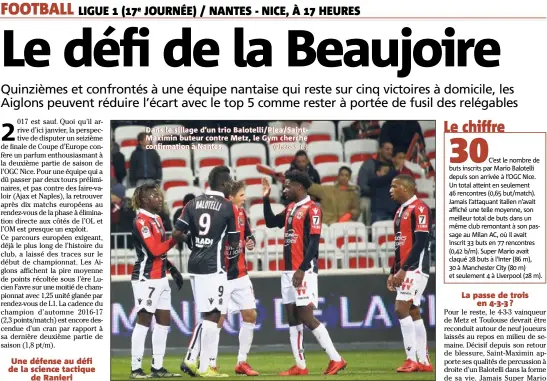  ??  ?? Dans le sillage d’un trio Balotelli/Plea/SaintMaxim­in buteur contre Metz, le Gym cherche confirmati­on à Nantes. (Photo S. B.)