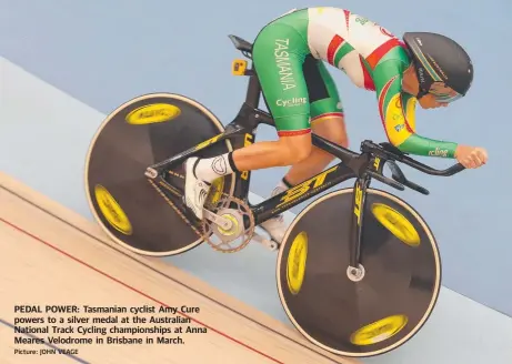  ?? Picture: JOHN VEAGE ?? PEDAL POWER: Tasmanian cyclist Amy Cure powers to a silver medal at the Australian National Track Cycling championsh­ips at Anna Meares Velodrome in Brisbane in March.