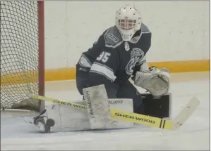  ?? NEWS PHOTO MO CRANKER ?? Medicine Hat Cubs goaltender Josh Breznik reaches his pad out to make a toe save Sunday in the Cubs game against Red Deer. The Cubs lost 5-1.