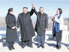  ?? AFP ?? North Korean leader Kim Jong-un and his wife Ri Sol-ju pose with South Korean President Moon Jae-in and his wife Kim Jung-sook on Mount Paektu.