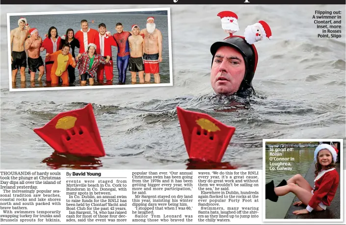  ??  ?? In good elf: Róisín O’Connor in Loughrea, Co. Galway Flipping out: A swimmer in Clontarf, and inset, more in Rosses Point, Sligo