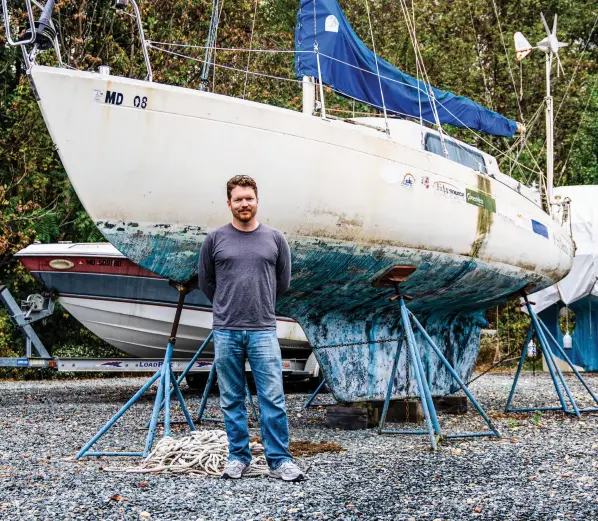  ??  ?? In a lifetime of adventure (so far), none of Matt’s accomplish­ments surpass his circumnavi­gation of North and South America aboard the 40-year-old, 27-foot Albin Vega, St. Brendan, which now sits on the hard at the Herrington Harbor North boatyard near Annapolis, Maryland. The old gal is just down the row from his next project boat, Marie Tharp.