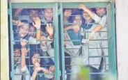  ?? PTI ?? School students watch MS Dhoniled Jharkhand during their Vijay Hazare Trophy match against Services at Kalyani on Tuesday.