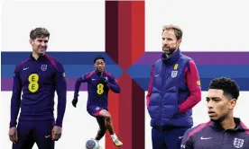  ?? ?? England’s players and manager find themselves overshadow­ed again, this time by a tiny multi-coloured flag. Composite: Getty Images