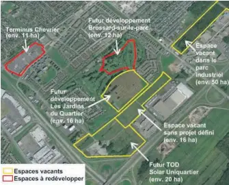  ??  ?? Sur cette carte, on voit plusieurs terrains en zone urbaine, dont un de 50 ha, qui sont vacants et qui pourraient servir à installer la gare et le stationnem­ent du REM, d’après la CPTAQ.