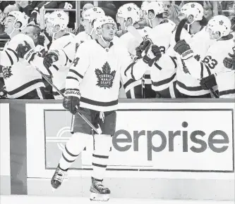  ?? PAUL SANCYA THE ASSOCIATED PRESS ?? Toronto centre Auston Matthews became the first Maple Leafs player in over 70 years to score in the first five games of the season. Matthews tallied twice in a 5-3 Toronto win Thursday against the Red Wings in Detroit.