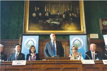  ?? (Courtesy) ?? MK HILIK BAR speaks to the Internatio­nal Associatio­n of Parliament­arians for Peace at the British House of Commons yesterday.