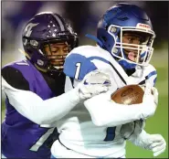  ?? (NWA Democrat-Gazette/Andy Shupe) ?? Fayettevil­le’s Braelon Palmer (left) tackles Conway receiver Manny Smith in a Class 7A state semifinal game in November. Palmer was a lock-down defender for the Bulldogs, who went 10-3 and lost to Bryant in the state championsh­ip game. He also averaged 5.6 tackles per game.