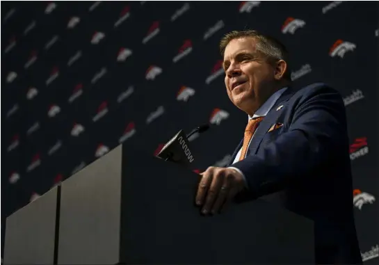  ?? AARON ONTIVEROZ — THE DENVER POST ?? Broncos head coach Sean Payton speaks during an introducto­ry press conference at team headquarte­rs in Englewood on Monday.