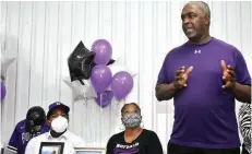  ?? (Pine Bluff Commercial/I.C. Murrell) ?? New Arkansas Baptist College Coach Sebastian Stargell Sr. addresses attendees Friday at the signing ceremony for David Carroll, whom Stargell coached in Junior Babe Ruth. Also pictured is Carroll’s mother, Yaminah Holt.