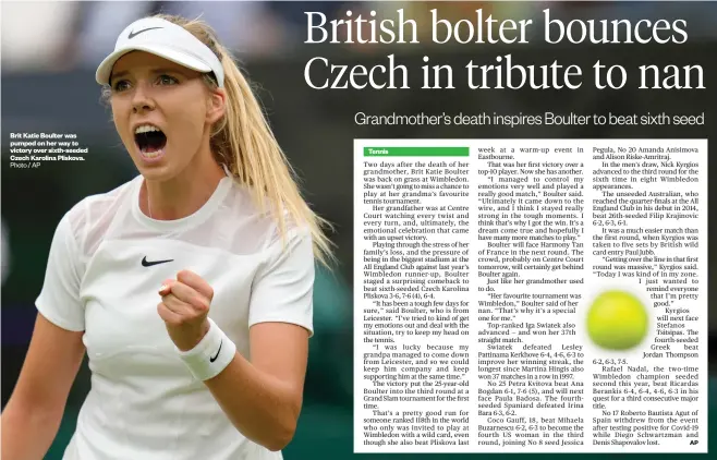  ?? Photo / AP ?? Brit Katie Boulter was pumped on her way to victory over sixth-seeded Czech Karolina Pliskova.