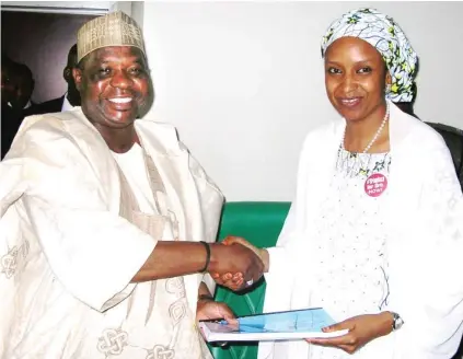  ??  ?? From left: Out-going Managing Director, Nigerian Ports Authority (NPA) Habib Abdullahi hands over to his successor Mrs Hadiza Bala Usman, in Lagos yesterday.